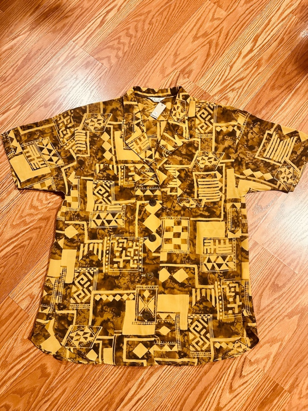 Vintage Upcycled Geometric Patterned Brown Yellow Button Down Shirt size M